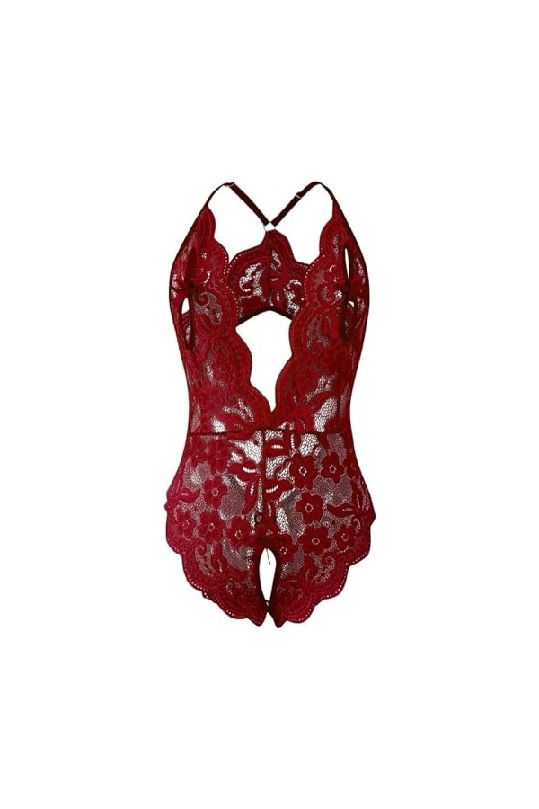 Pyjama sexy avec bordure en dentelle pour femme - Combinaison transparente en résille, Noir, M