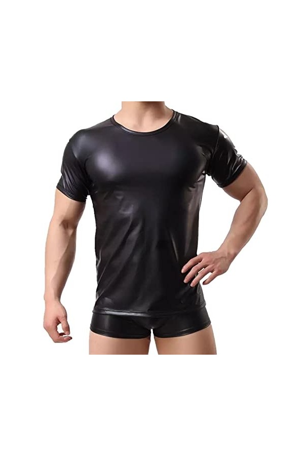 T-shirt sexy pour homme - En cuir verni - Manches courtes - Effet mouillé - Pour le fitness - Coupe ajustée, 03 noir., S