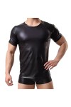 T-shirt sexy pour homme - En cuir verni - Manches courtes - Effet mouillé - Pour le fitness - Coupe ajustée, 03 noir., S