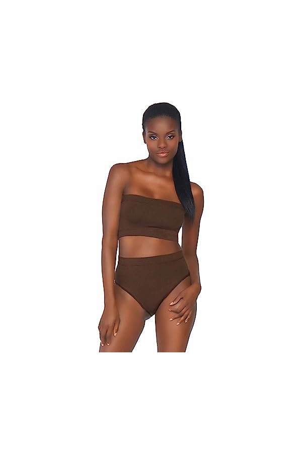 Leg Avenue Top Bandeau/Culotte Haute en Microfibres Opaques sans Coutures Côtelées Marron Profond Taille M/L