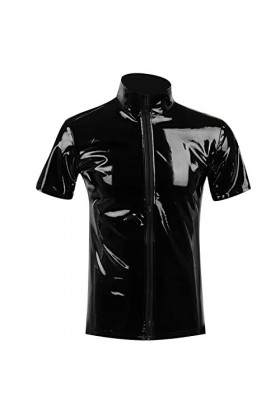 Veste aspect vernis pour homme - Manteau court effet mouillé - Haut en cuir synthétique - Coupe ajustée - Latex brillant - To