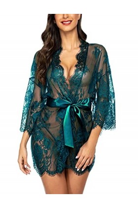 ADOME Lingerie Kimono Sexy Dentelle Babydoll Lingerie avec Corde G, Bleu paon, XS