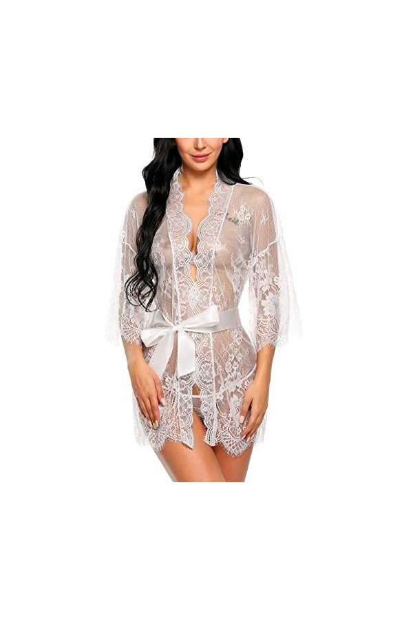 ADOME Lingerie Kimono Sexy Dentelle Babydoll Lingerie avec Corde G, Bleu paon, XS