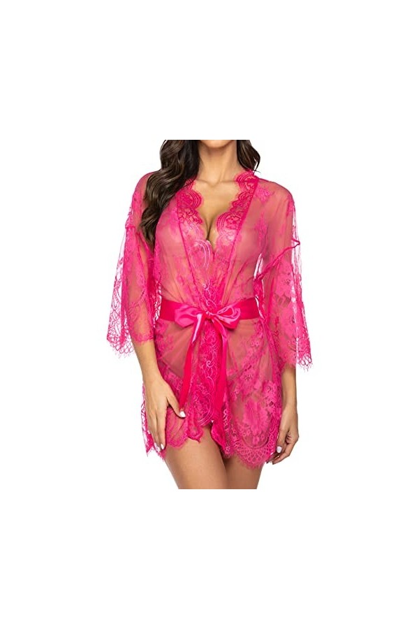 ADOME Lingerie Kimono Sexy Dentelle Babydoll Lingerie avec Corde G, Bleu paon, XS