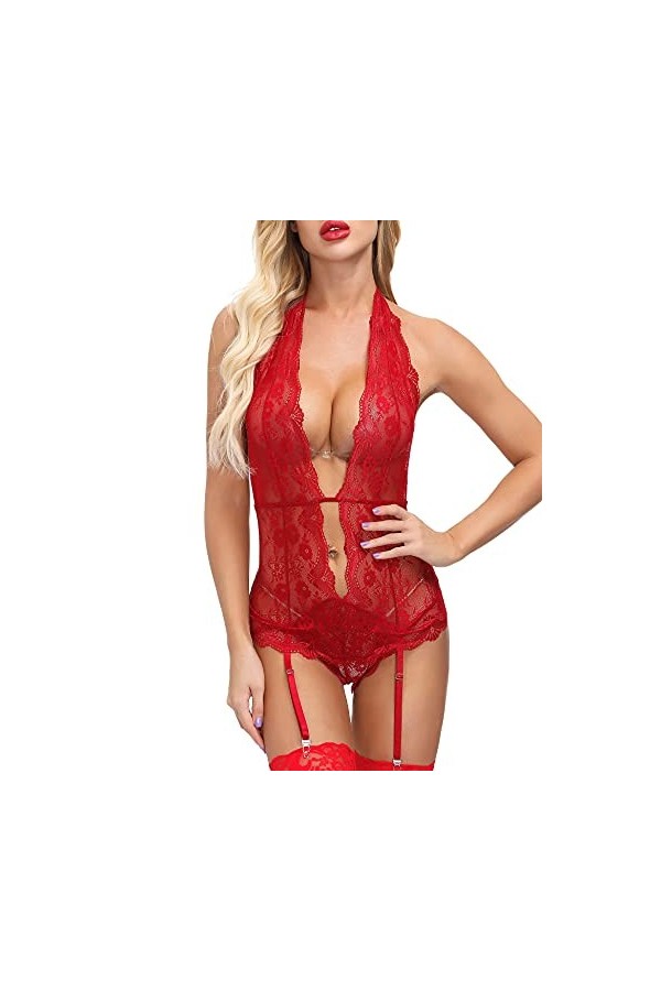 EVELIFE Femme Sexy Col V Profond Lingerie Dentelle Body Transparent Dos Nu sous-vêtements Ensemble de Lingerie avec Jarretièr