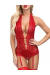 EVELIFE Femme Sexy Col V Profond Lingerie Dentelle Body Transparent Dos Nu sous-vêtements Ensemble de Lingerie avec Jarretièr