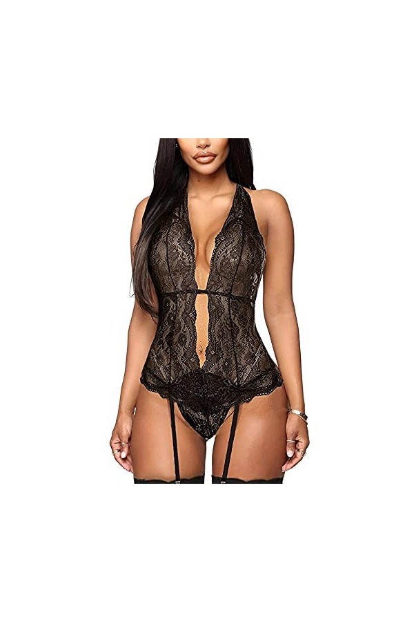 EVELIFE Femme Sexy Col V Profond Lingerie Dentelle Body Transparent Dos Nu sous-vêtements Ensemble de Lingerie avec Jarretièr