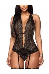 EVELIFE Femme Sexy Col V Profond Lingerie Dentelle Body Transparent Dos Nu sous-vêtements Ensemble de Lingerie avec Jarretièr