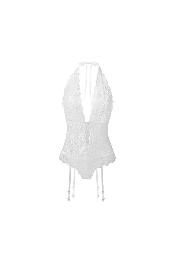 EVELIFE Femme Sexy Col V Profond Lingerie Dentelle Body Transparent Dos Nu sous-vêtements Ensemble de Lingerie avec Jarretièr