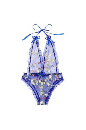 DUHGBNE Jumpups en nœud polyester Femme dans la chambre à coucher Body Dentelle Rouge Femme, bleu, XXL