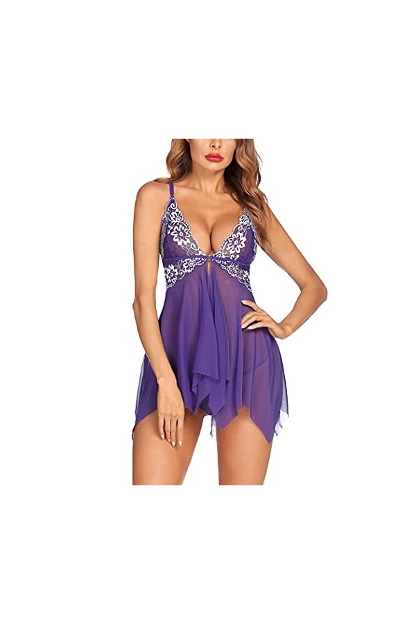 ADOME Lingerie Femme Sexy Ouverte Bretelles Dos Nu Dentelle Transparent String Ensemble Violet XL