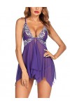 ADOME Lingerie Femme Sexy Ouverte Bretelles Dos Nu Dentelle Transparent String Ensemble Violet XL