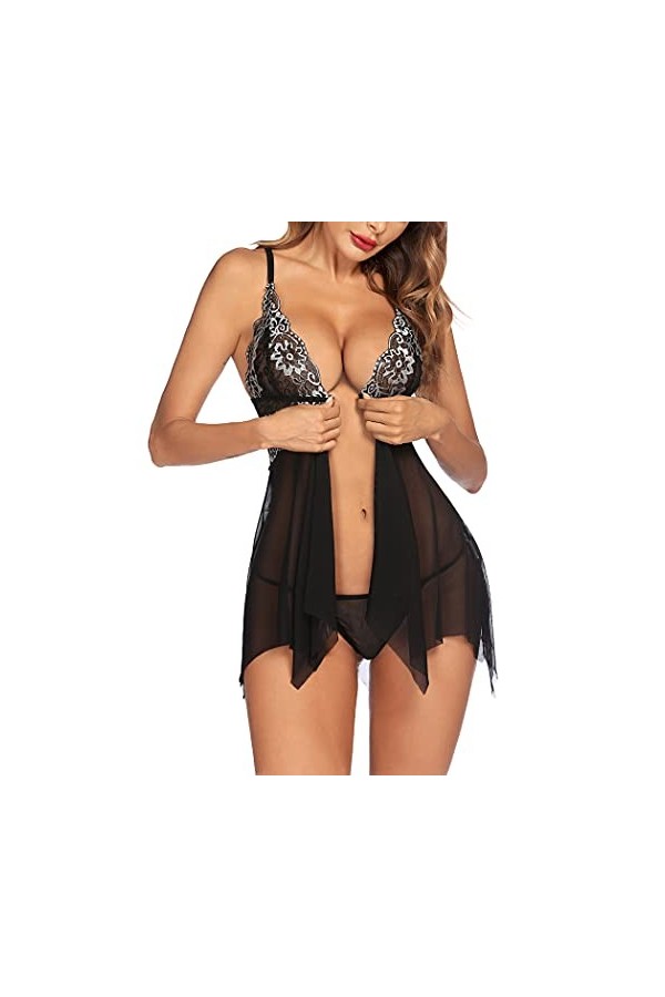 ADOME Lingerie Femme Sexy Ouverte Bretelles Dos Nu Dentelle Transparent String Ensemble Violet XL