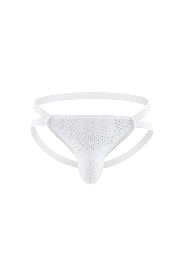 MEGAHERZ String Taille Basse pour Hommes Double String Creux à larrière Maille Respirante Slip érotique Sexy Blanc,M 