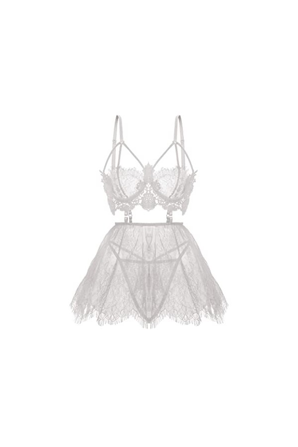 Lingerie grande taille pour femme, nuisette sexy en maille, taille haute, à bretelles, vêtement de nuit exotique, BLANC, 3XL