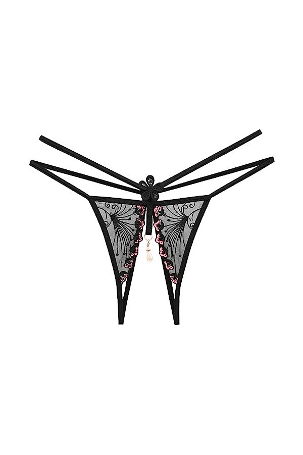 Zannycn String pour femme - Slip ouvert - Sexy - Dentelle - Effet mouillé - Bikini - Entrejambe ouvert - Lingerie sexy - Stri