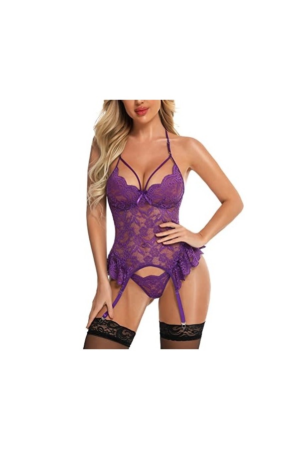 EVELIFE Femme Ensemble de Lingerie Sexy Body Dentelle Lingerie avec Jarretière sous-Vêtement et G-String Violet XXL 