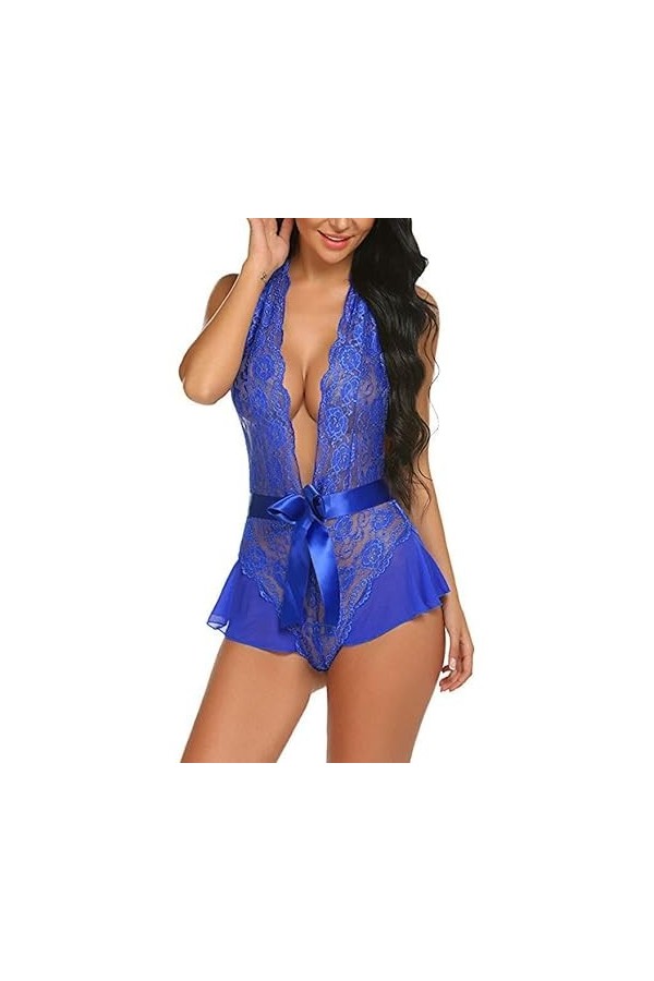 Pyjama sexy en dentelle ajourée ultra fine pour femme - Lingerie transparente, bleu, S