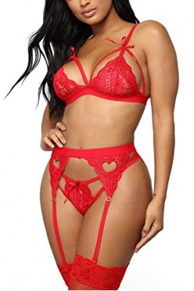 EVELIFE Femme Ensemble Lingerie Dentelle Brassière Jarretière Sexy Porte Jarretelles Soutiens-Gorge et G-String Red M 