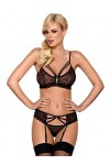 Selente Ensemble Lingerie Femme 4 pièces: Soutien-Gorge, Porte-Jarretelles, String et Bandeau pour Les Yeux en Satin, Noir, L