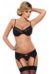 Selente Ensemble Lingerie Femme 4 pièces: Soutien-Gorge, Porte-Jarretelles, String et Bandeau pour Les Yeux en Satin, Noir, L