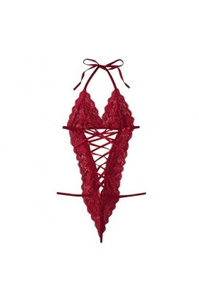 DUHGBNE Sous-vêtement pour femme Deep V Halter Tedy Body Bandage Dentelle Sous-vêtement en maille, Bordeaux, XL