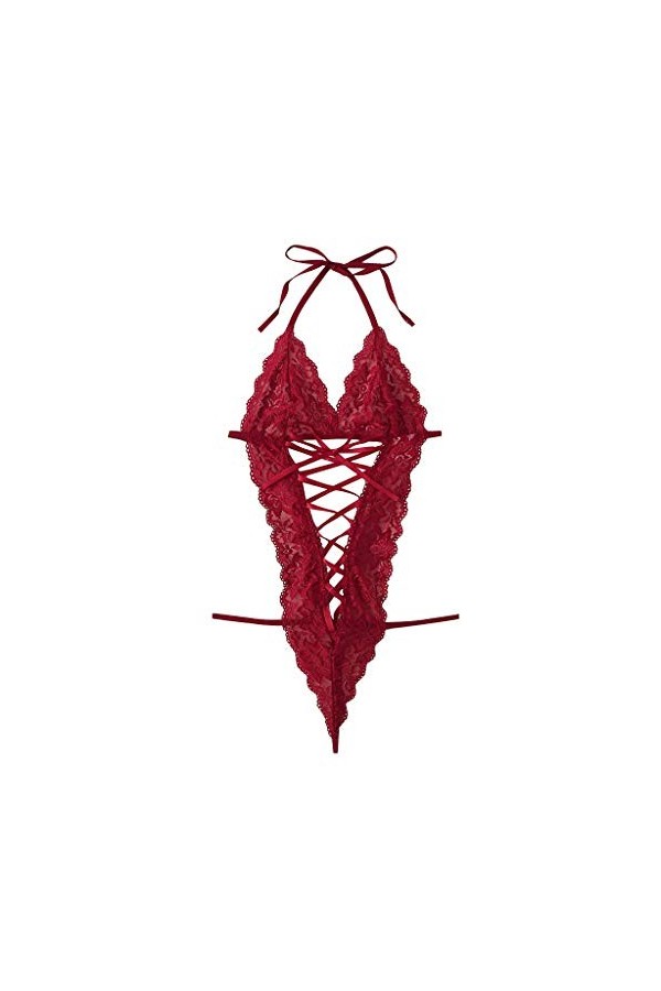 DUHGBNE Sous-vêtement pour femme Deep V Halter Tedy Body Bandage Dentelle Sous-vêtement en maille, Bordeaux, XL