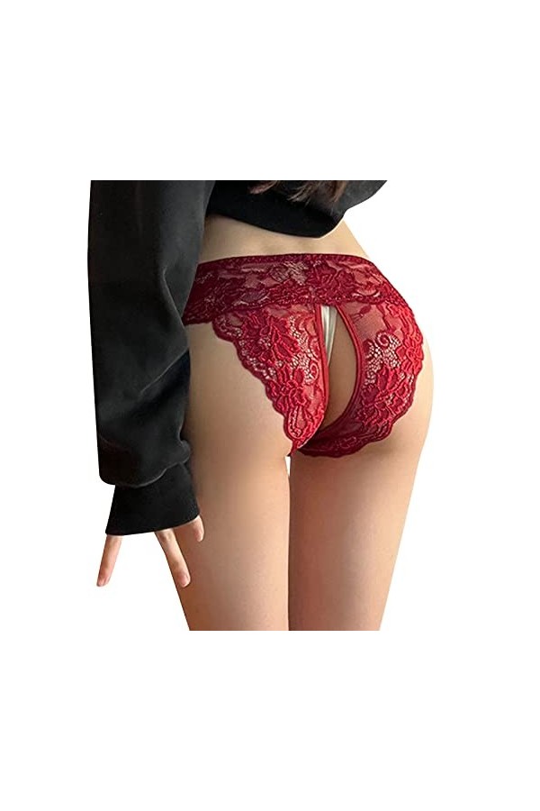 Zannycn String pour femme - String ouvert - Sexy - Entrejambe basse - Sous-vêtements effet mouillé - String en dentelle - Bik