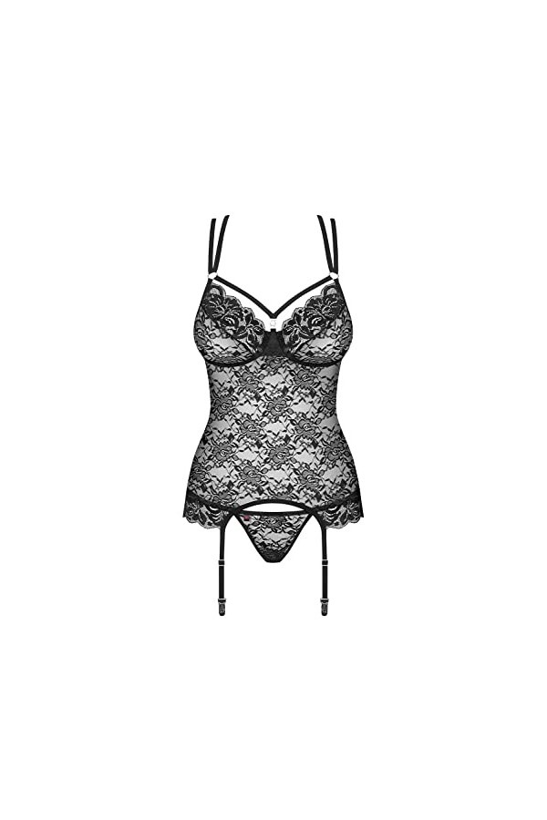 Selente Love & Fun Ensemble toride 3 pièces: guêpière, string et bandeau pour les yeux en satin, noir bijou, S-M