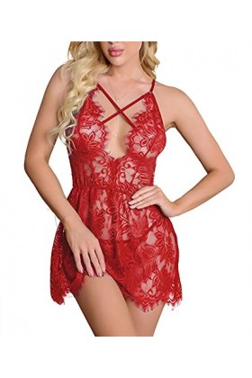 Dhjakaop Lingerie Ultra Sexy Femmes Cils Vetements de Nuit V-Cou Vetement de Nuit Sexy Babydoll String Body Lingerie Rouge,XX