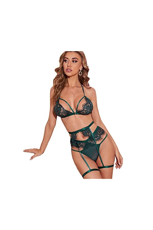 Femme Sexy Ensemble Lingerie Dentelle Nuisette sous Soutiens-Gorge Porte Jarretelles et G-String 3 Pièces Lingerie Ensemble p