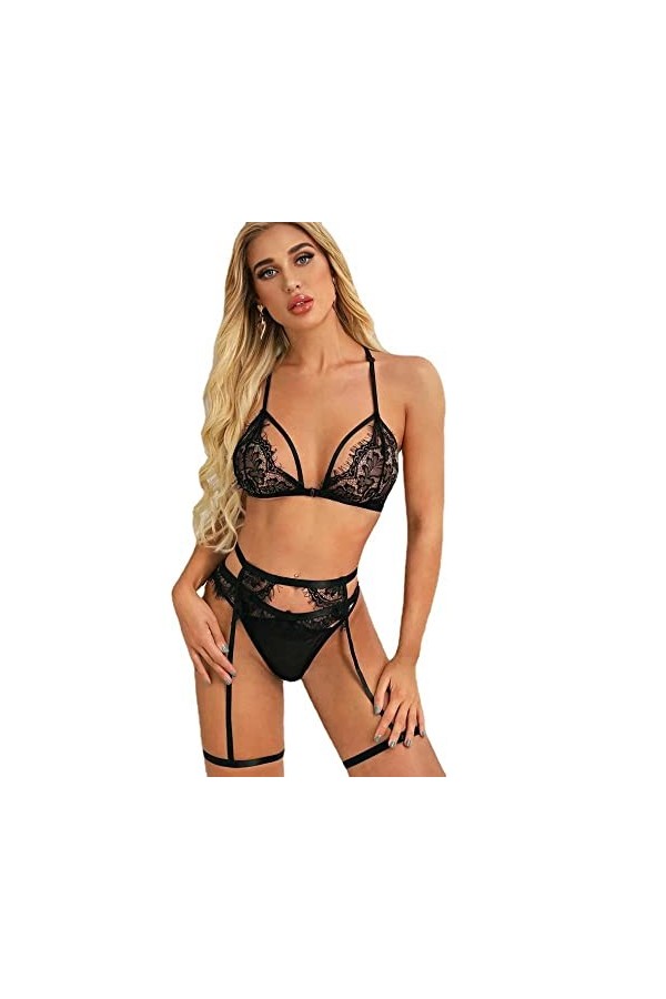 Femme Sexy Ensemble Lingerie Dentelle Nuisette sous Soutiens-Gorge Porte Jarretelles et G-String 3 Pièces Lingerie Ensemble p