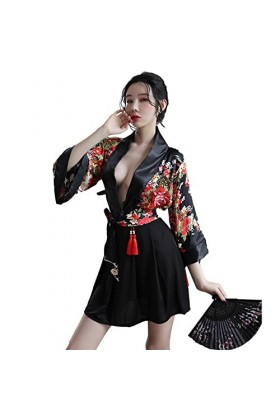 Sexy Anime Cosplay pour femme Lingerie Cheongsam Robe Kimono Japonais Costumes Danseuse Nuisette Fente Latérale Noir Taille