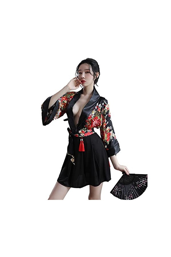 Sexy Anime Cosplay pour femme Lingerie Cheongsam Robe Kimono Japonais Costumes Danseuse Nuisette Fente Latérale Noir Taille