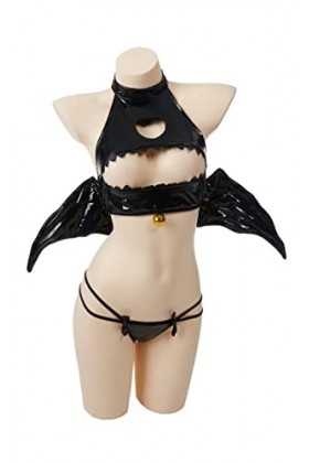 MEOWCOS Ensemble de lingerie sexy pour femme Motif chauve-souris Jeu de rôle Cosplay Sous-vêtements Coeur creux poitrine Ouve