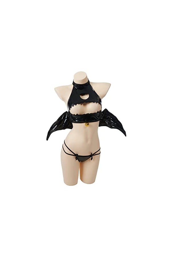 MEOWCOS Ensemble de lingerie sexy pour femme Motif chauve-souris Jeu de rôle Cosplay Sous-vêtements Coeur creux poitrine Ouve
