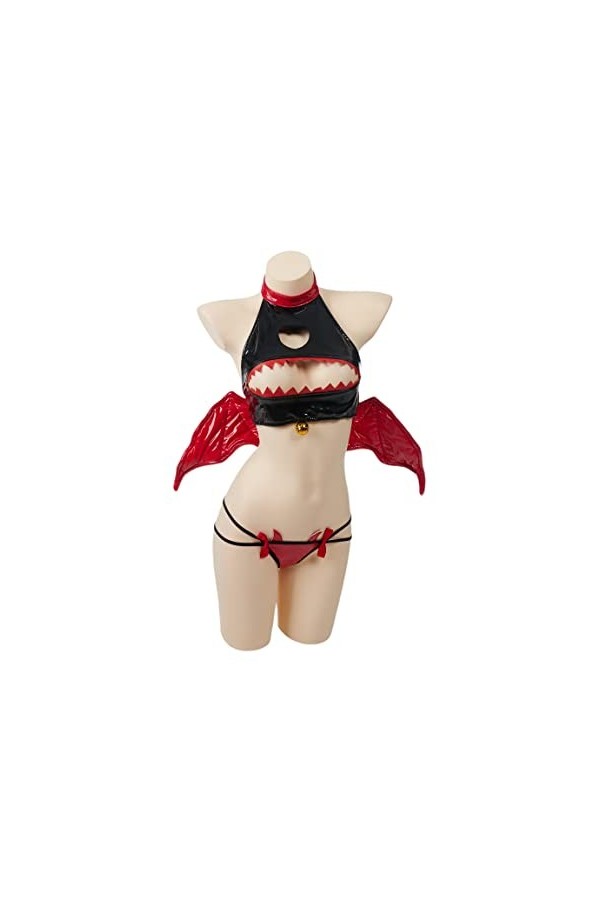 MEOWCOS Ensemble de lingerie sexy pour femme Motif chauve-souris Jeu de rôle Cosplay Sous-vêtements Coeur creux poitrine Ouve