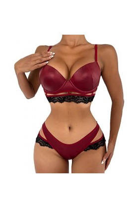 Lingerie Femme Sexy Ensemble en Cuir et Dentelle, sous-Vêtements 2 Pièces Soutien-Gorge et Culotte, Bikini Cuir Verni Clubwea