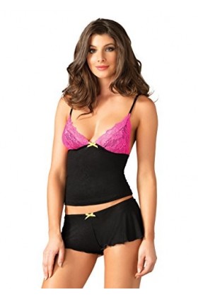 Leg Avenue Grande Taille Noir et Rose Fluo pour Femme pour dentelle et Jersey Cami et short pour homme