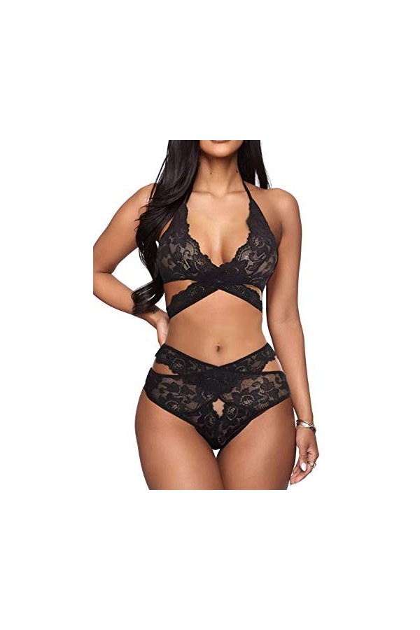 Donnalla Ensemble de lingerie sexy deux pièces en dentelle soutien-gorge et culotte ensemble bralette vêtements de nuit pour 