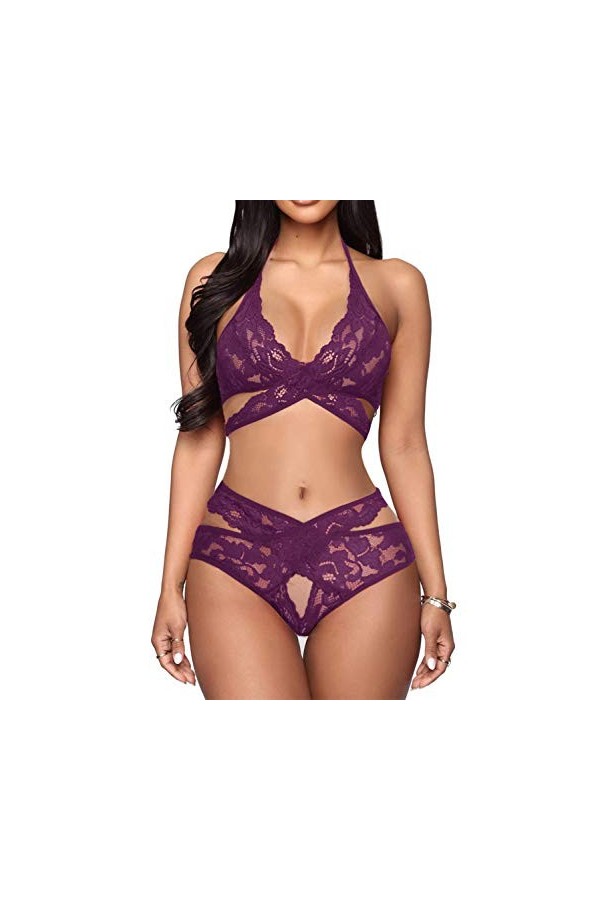 Donnalla Ensemble de lingerie sexy deux pièces en dentelle soutien-gorge et culotte ensemble bralette vêtements de nuit pour 