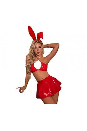 Top Totty Cora Red Sauce Jeu de rôle érotique Dominatrix Sexy Latex Bunny Ensemble soutien-gorge et jupe pour femme L UK10, R