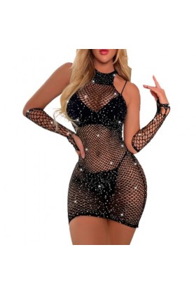 V-TiNG Lingerie sexy avec strass - Ensemble de sous-vêtements sexy pour femme - Mini jupe en maille - Avec gants, Strass noir