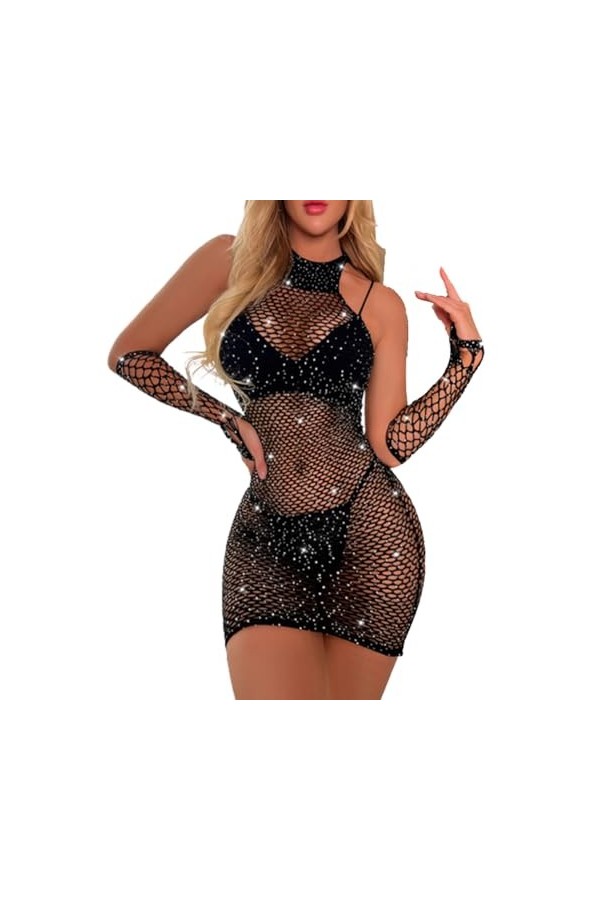 V-TiNG Lingerie sexy avec strass - Ensemble de sous-vêtements sexy pour femme - Mini jupe en maille - Avec gants, Strass noir