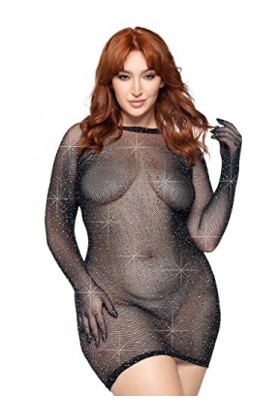 Leg Avenue 86124x-00108 Robe Courte en résille avec Gants en Strass, 1x-2x, Noir Costumes Taille Adulte, Multicolore, 1X/2X M