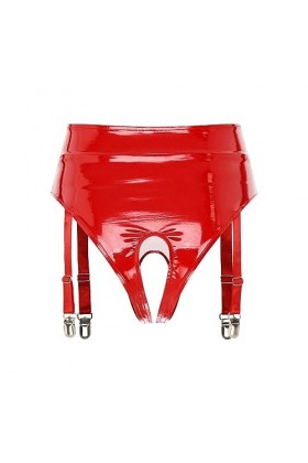 Freebily Femme Bas Porte-Jarretelle G-String Culotte Transparent Dentelle Simili Cuir Brillant Jarretière Ajustable Bas Linge