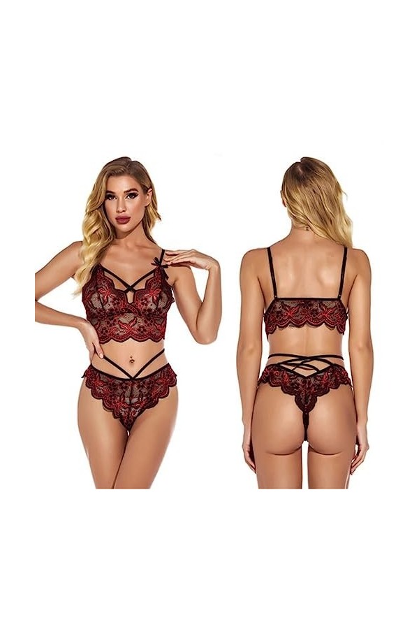 SooYoove. Lingerie Sexy. 2 pièces. Top et String. V3. Rouge et Noir M 