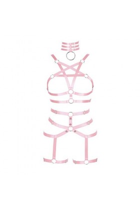 Harnais complet pour femme avec porte-jarretelles et soutien-gorge pentagramme gothique, punk, grande taille - Rose - Taille 