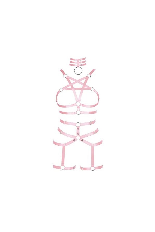 Harnais complet pour femme avec porte-jarretelles et soutien-gorge pentagramme gothique, punk, grande taille - Rose - Taille