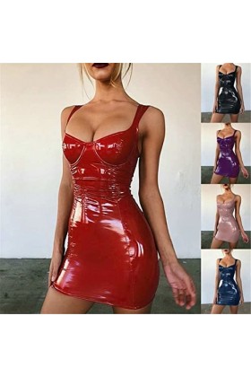 Gellmall Femme Robes en PU Cuir Clubwear Wetlook Bodycon Tirant Mini-Robe Courte Sexy Robe de Fête Érotique L